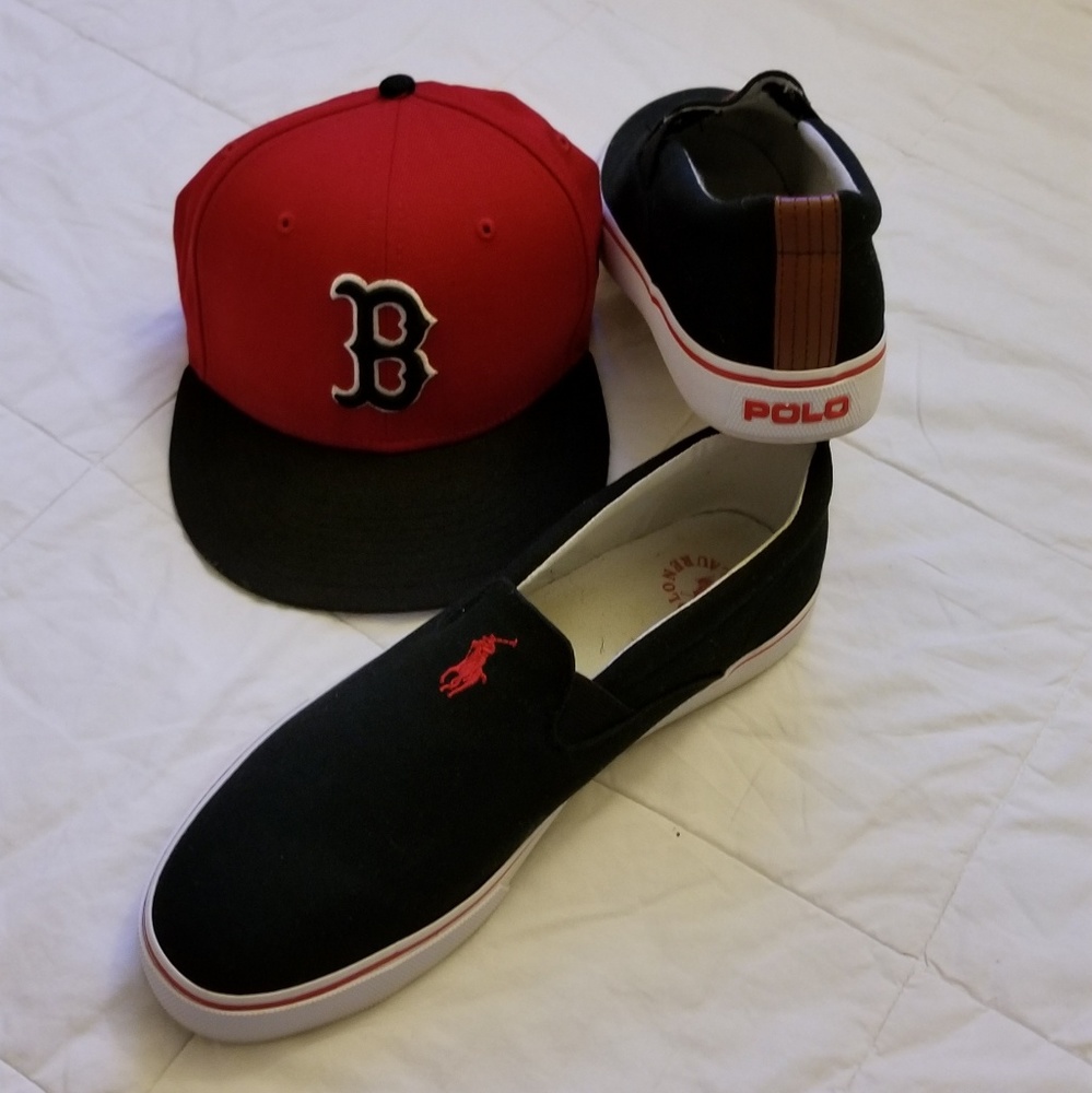 MENS POLO BRAND BLACK & RED CANVAS SLIP ON SHOES